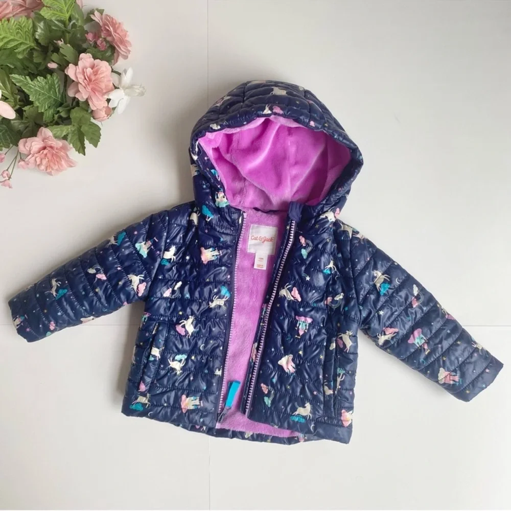 Cat & Jack Blue Unicorn Infant/Baby Girl's Midweight Puffer Hooded Jacket